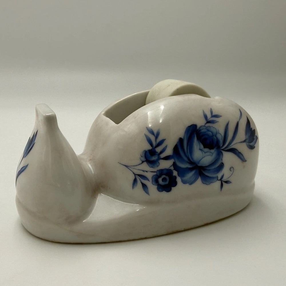 Vtg Ceramic Tabletop Tape Dispenser Snail Shape Painted Blue White Japan *flaw